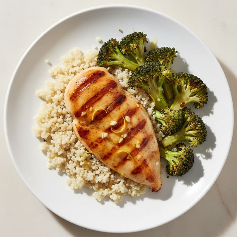 Grilled Lemon-Garlic Chicken Breast with Quinoa and Roasted Broccoli