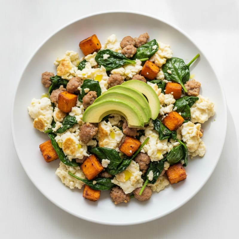 Egg White and Turkey Sausage Scramble with Sautéed Spinach