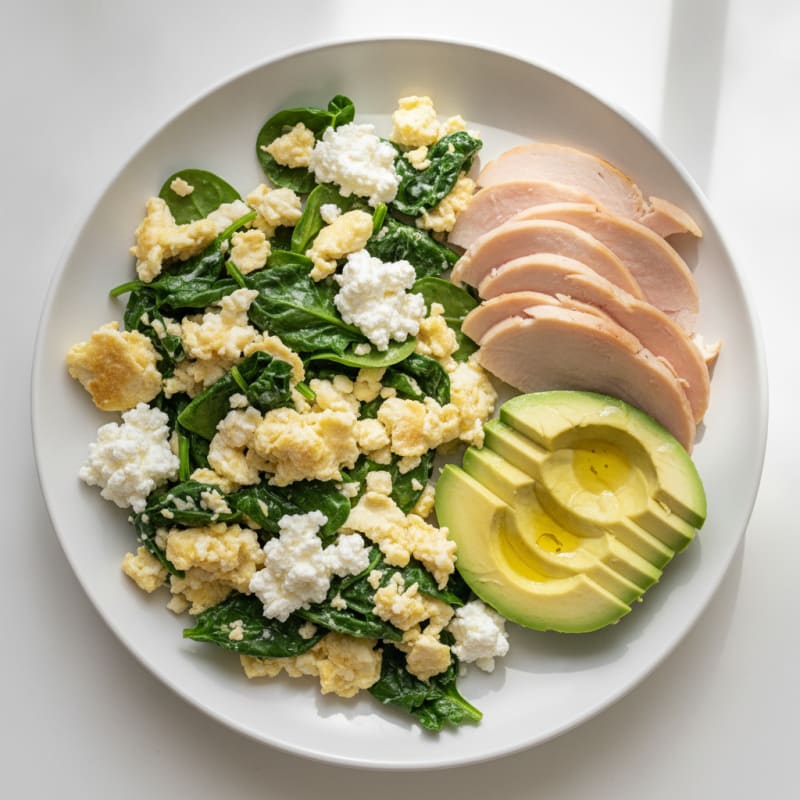 Egg White and Spinach Scramble with Cottage Cheese and Sliced Turkey