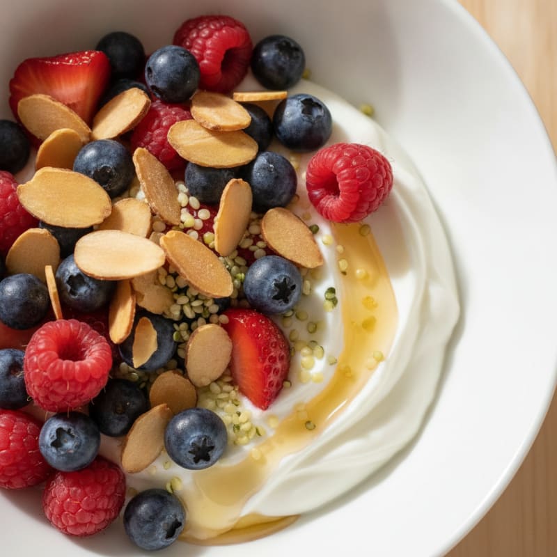 Creamy Greek Yogurt Bowl with Sliced Almonds and Mixed Berries