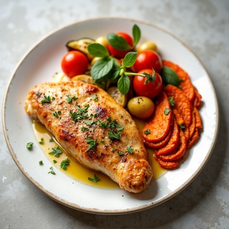 Lemon-Herb Roasted Chicken with Creamy Roasted Red Pepper Hummus and Crispy Roasted Vegetables
