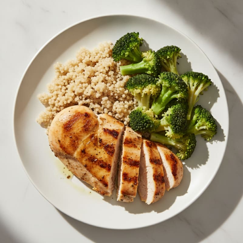 Grilled Chicken Breast with Steamed Broccoli and Quinoa
