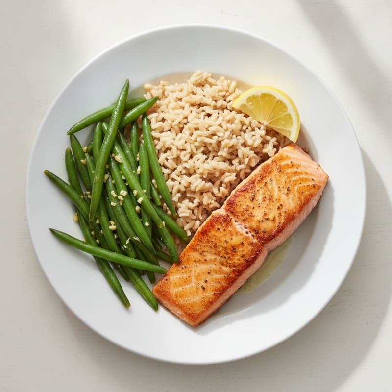 Seared Salmon Fillet with Garlic Green Beans and Brown Rice