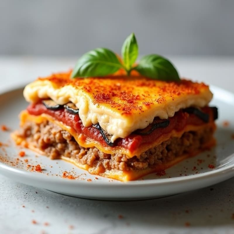 Layered Eggplant and Beef Casserole with Creamy Cashew Bechamel