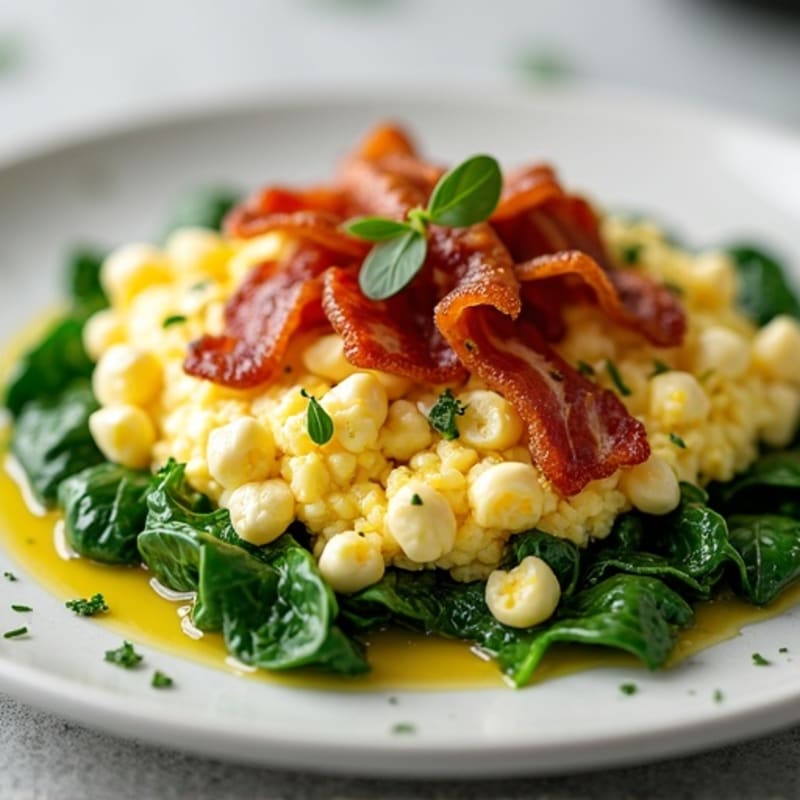 Egg White Spinach Scramble with Cottage Cheese and Turkey Bacon