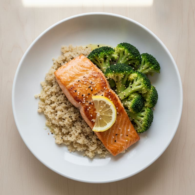 Seared Salmon with Quinoa and Steamed Broccoli