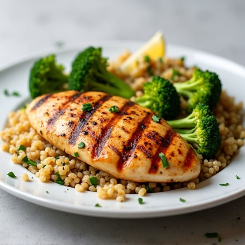 Grilled Chicken Breast with Roasted Broccoli and Quinoa Salad