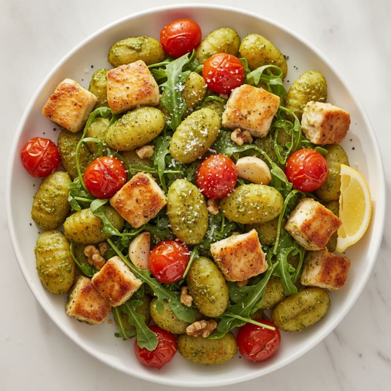 Gnocchi with Arugula Pesto and Cherry Tomatoes
