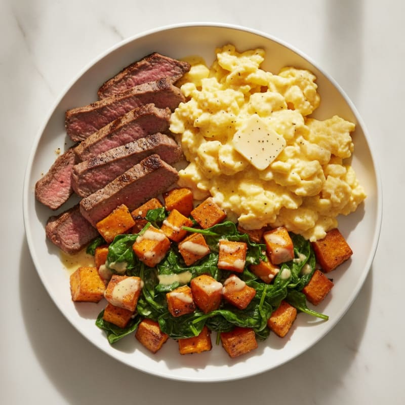 Scrambled Eggs with Steak Strips and Roasted Sweet Potatoes