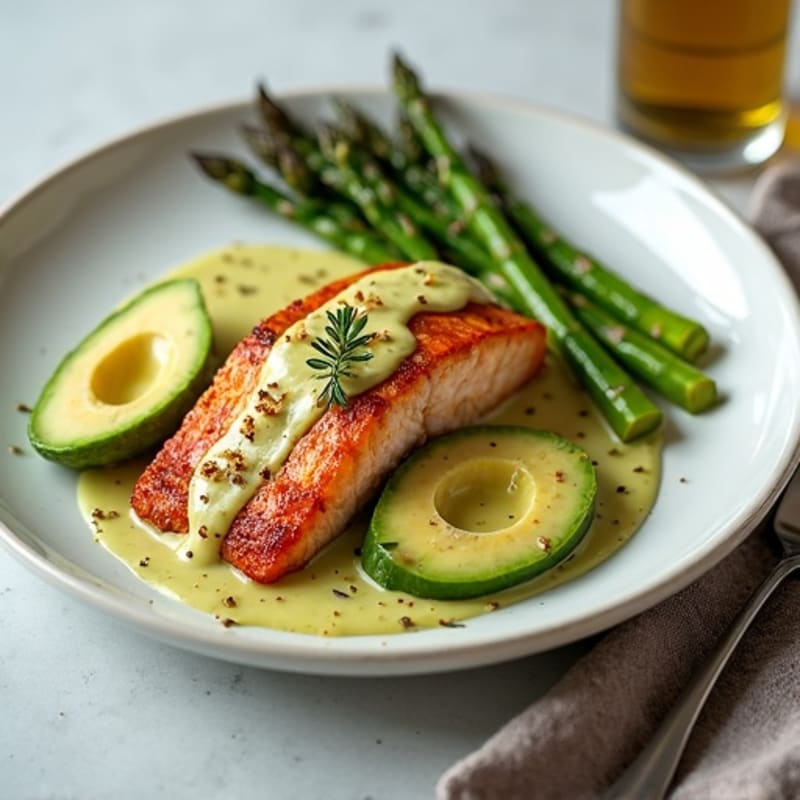 Crispy Pan-Seared Salmon with Creamy Avocado and Roasted Asparagus