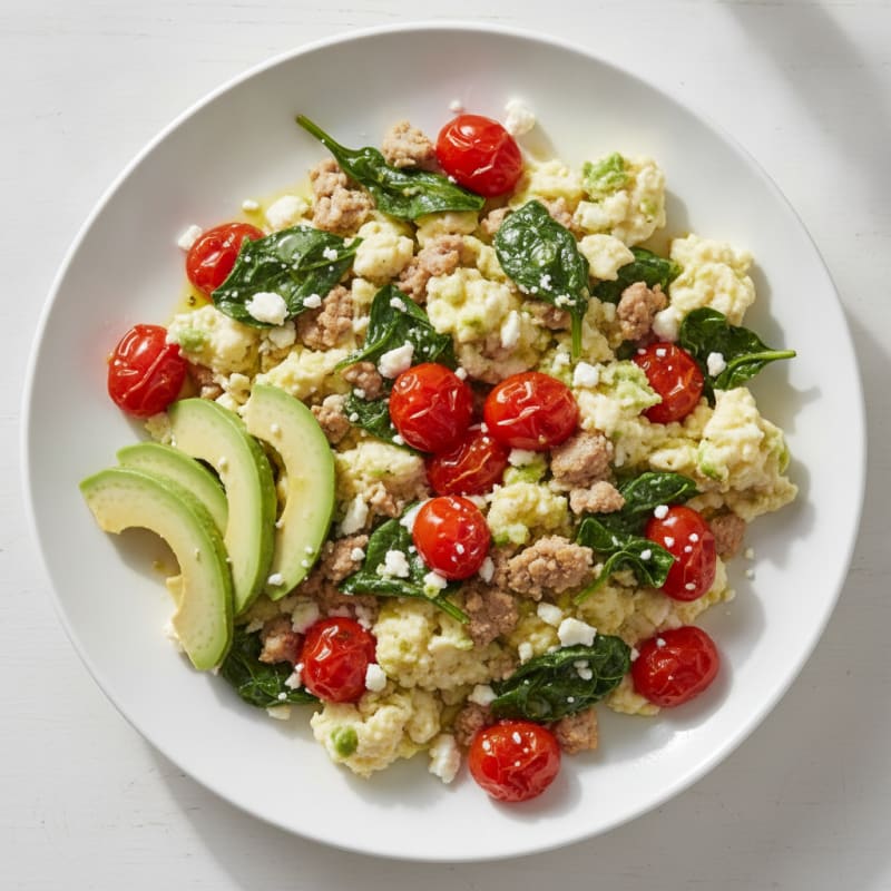 Egg White and Turkey Spinach Scramble with Roasted Tomatoes