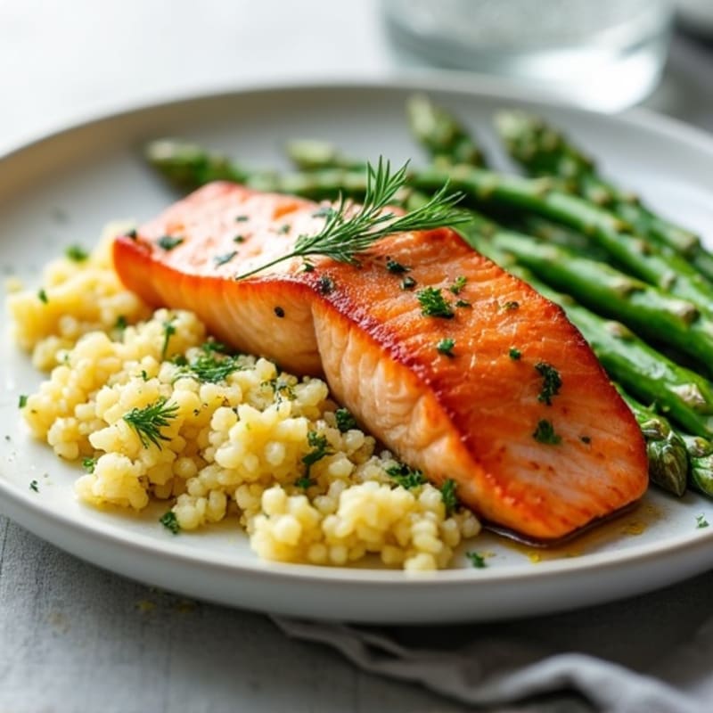 Seared Salmon with Steamed Asparagus and Lemon Herb Cauliflower Rice