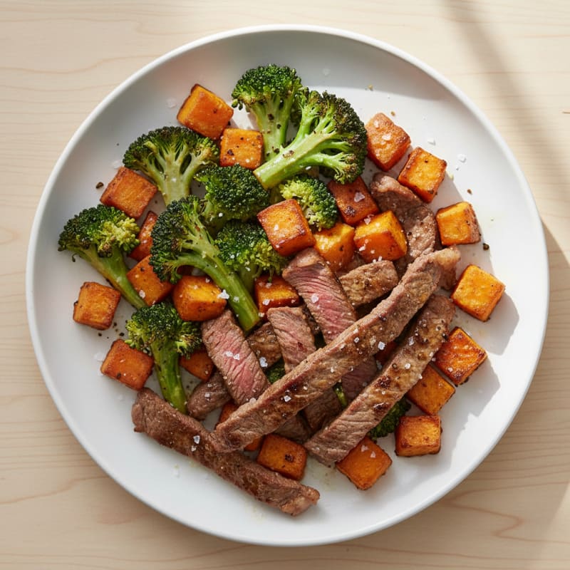 Seared Lean Beef Strips with Roasted Broccoli and Sweet Potato