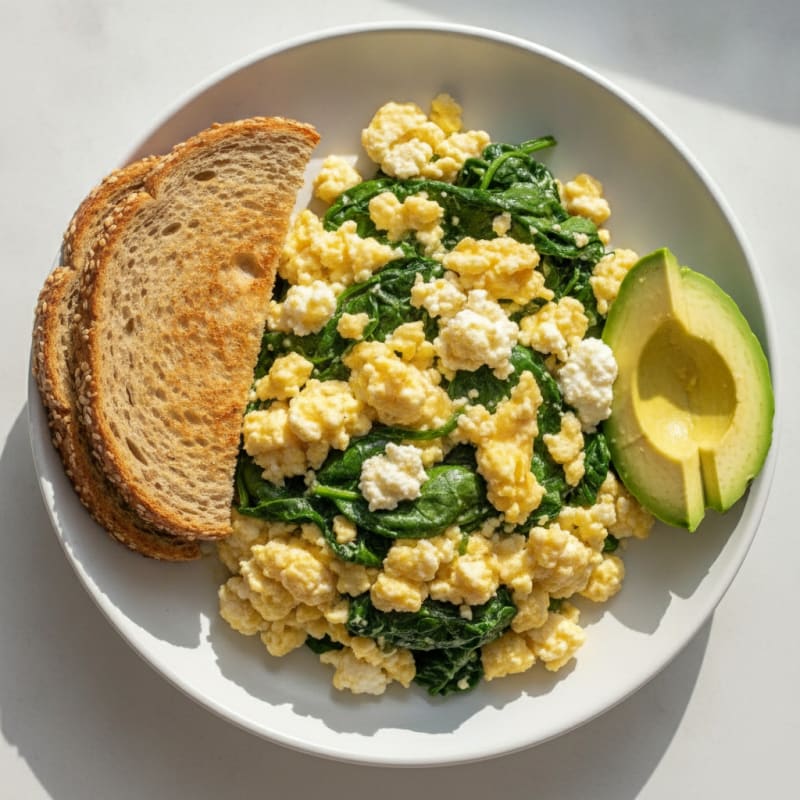 Scrambled Eggs with Cottage Cheese and Sautéed Spinach