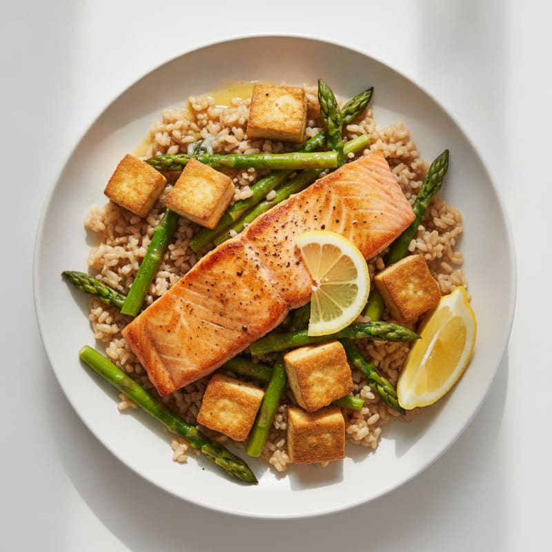 Seared Salmon with Steamed Asparagus and Brown Rice