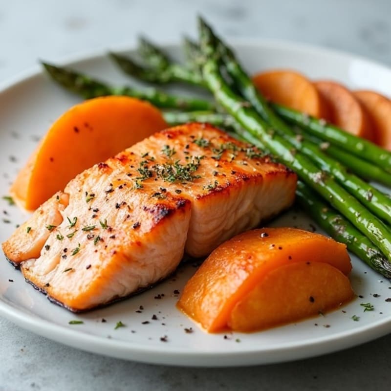 Seared Salmon Fillet with Roasted Sweet Potato and Asparagus