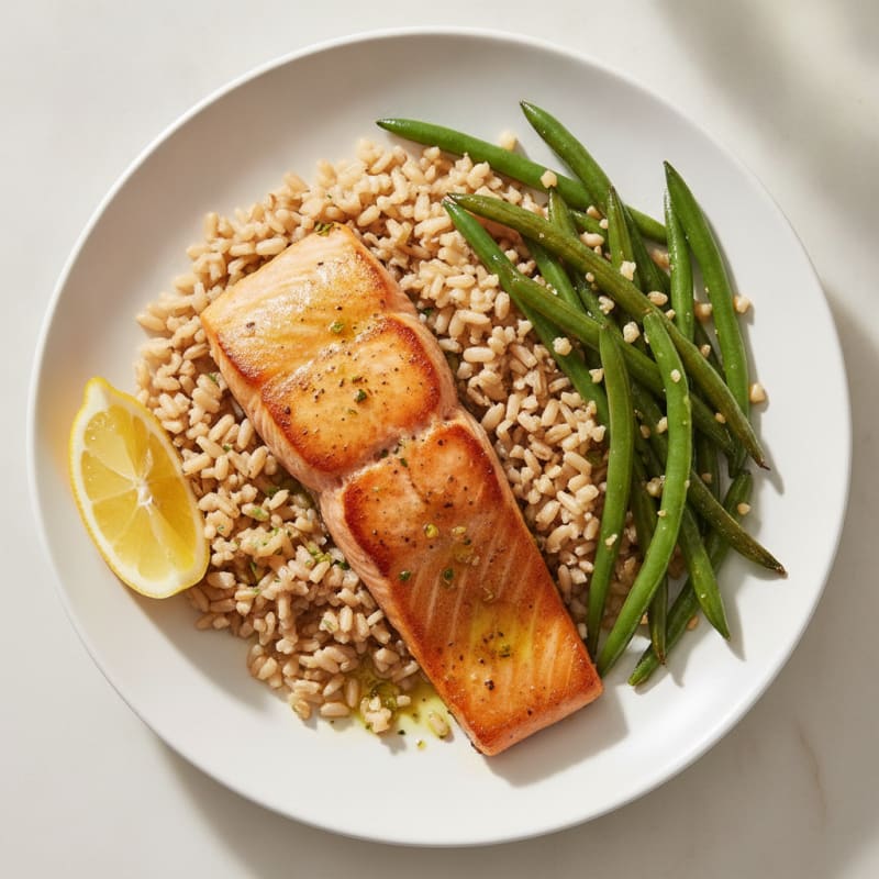 Seared Salmon with Garlic Green Beans and Brown Rice