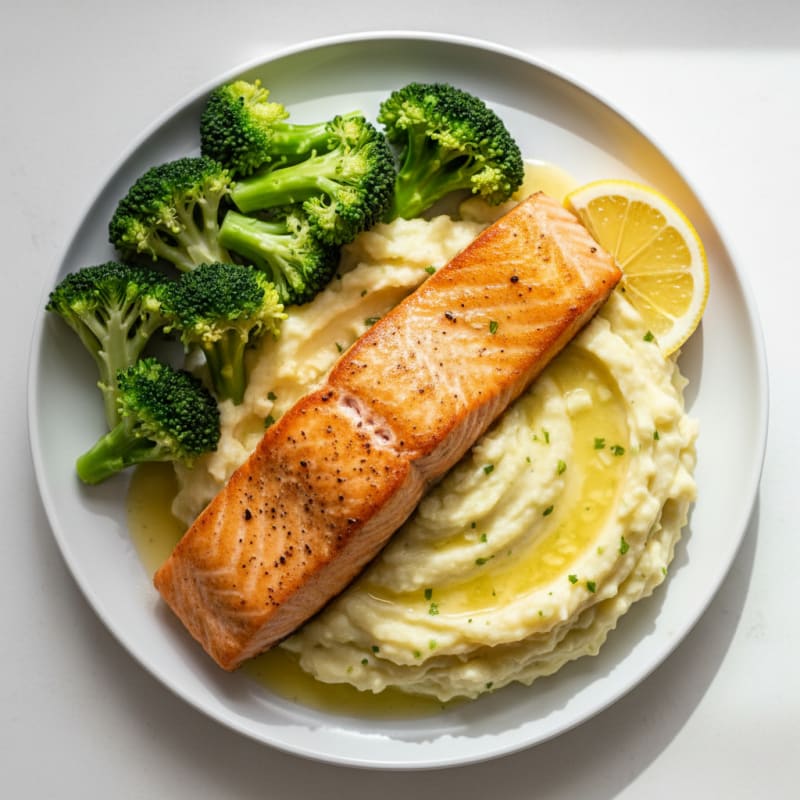 Seared Salmon Fillet with Steamed Broccoli and Creamy Garlic Mashed Potatoes