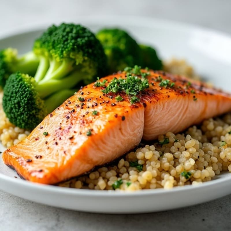 Seared Salmon Fillet with Steamed Broccoli and Quinoa
