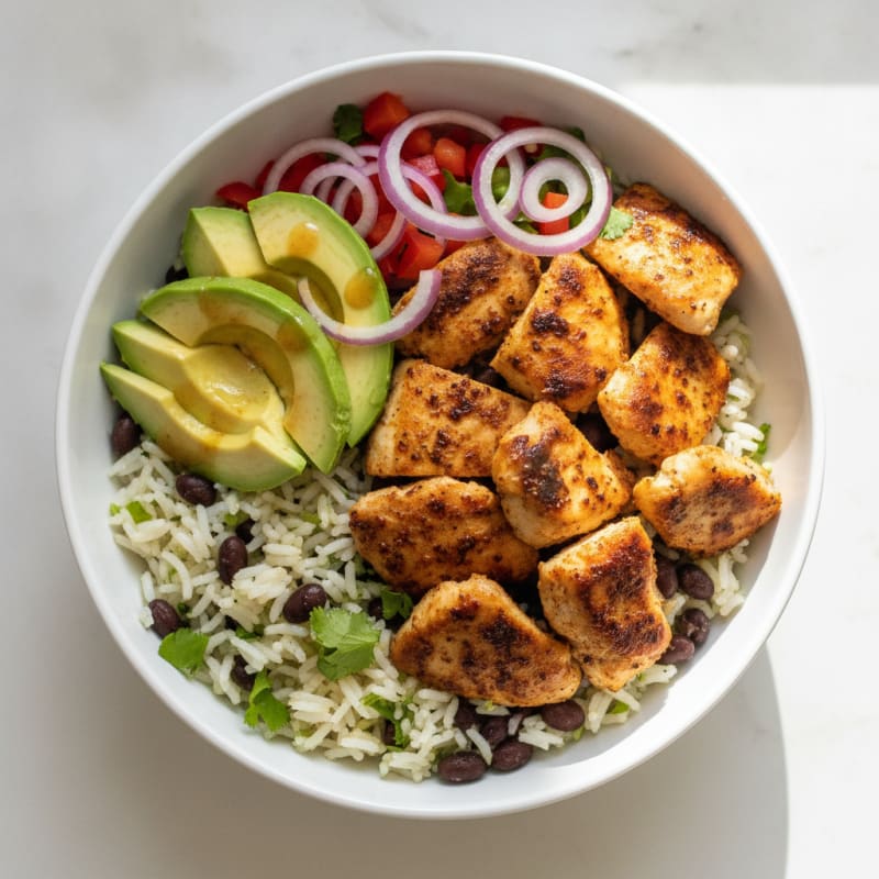 Spicy Chicken Avocado Rice Bowl