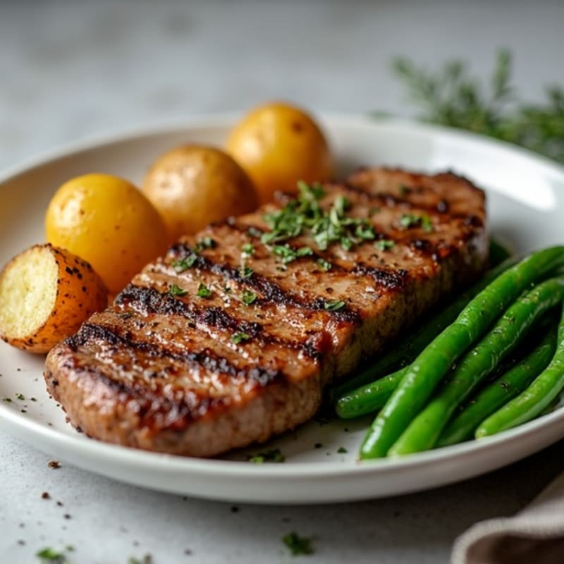 Garlic Herb Pan-Seared Steak with Crispy Roasted Potatoes and Fresh Green Beans