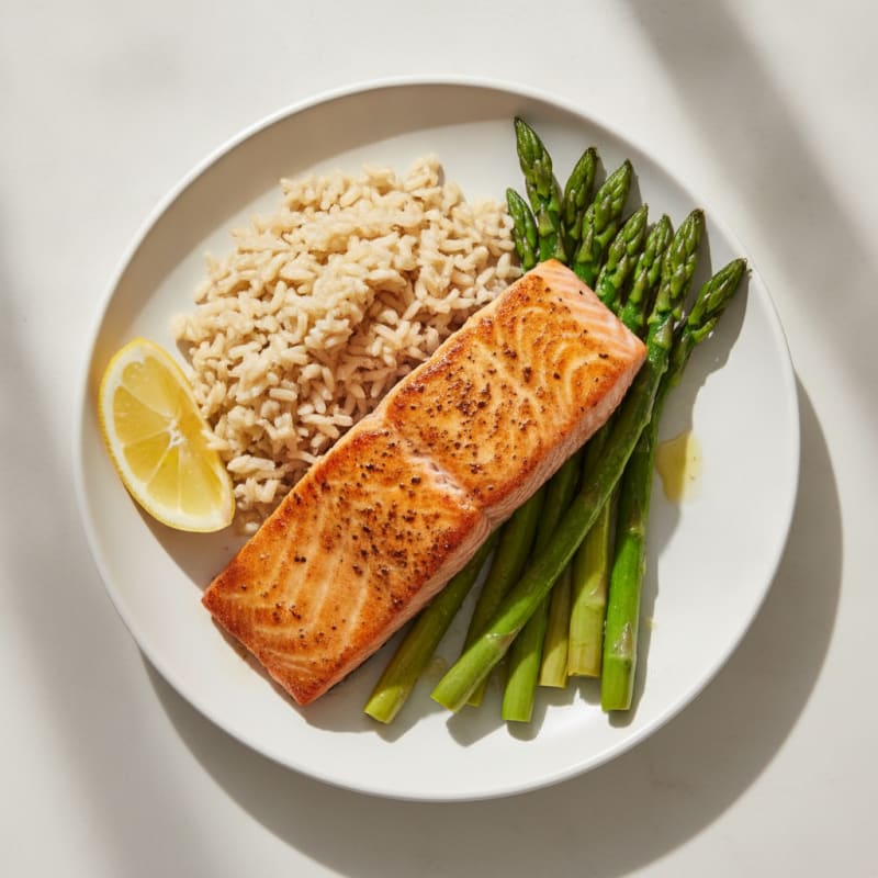 Seared Salmon with Steamed Asparagus and Brown Rice