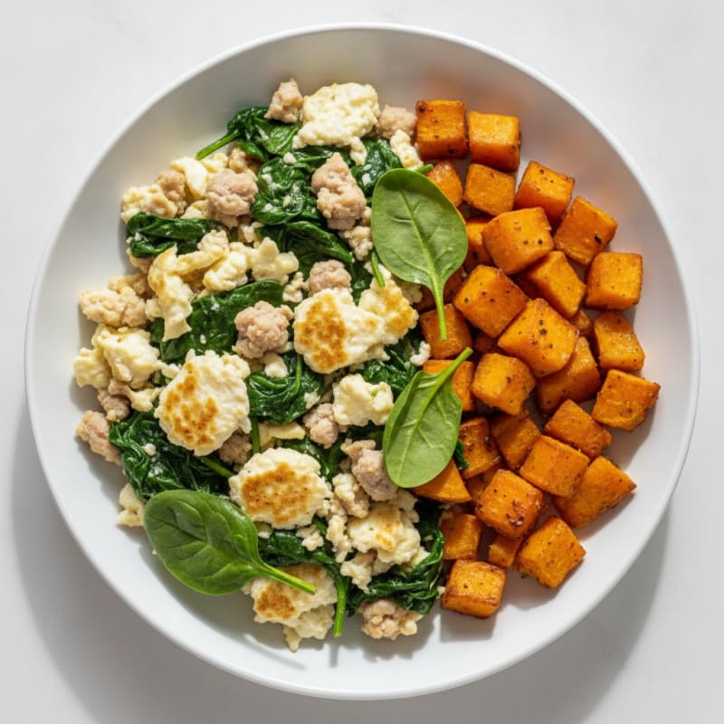Egg White and Turkey Sausage Scramble with Spinach and Roasted Sweet Potato