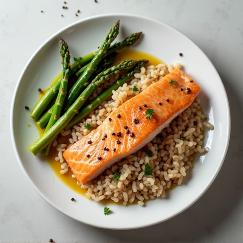 Seared Salmon with Steamed Asparagus and Brown Rice