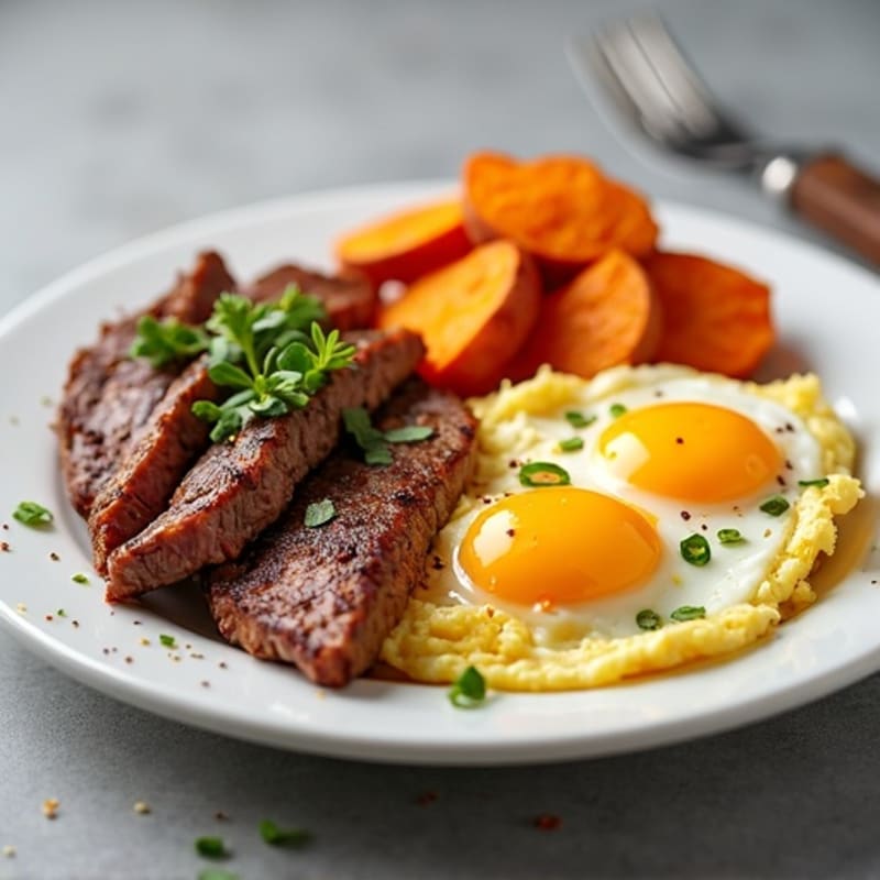 Egg and Steak Scramble with Roasted Sweet Potatoes