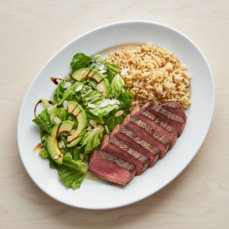 Seared Lean Steak with Roasted Rice and Lettuce Salad