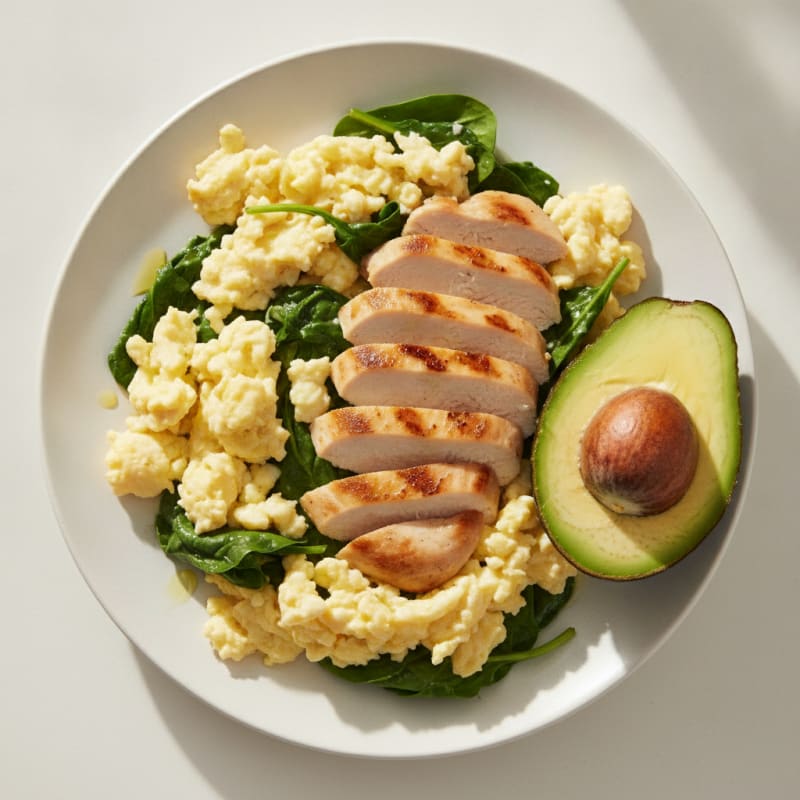 Fluffy Scrambled Eggs with Grilled Chicken and Spinach