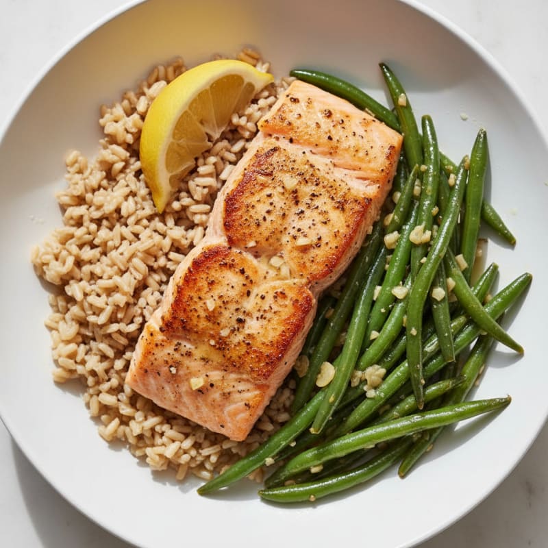Seared Salmon with Garlic Green Beans and Brown Rice