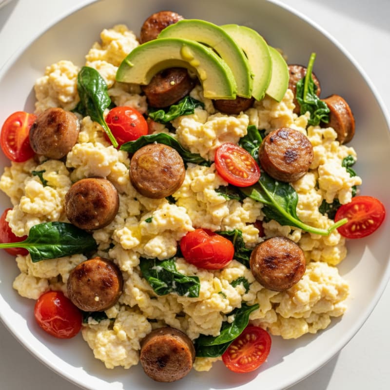 Egg White and Turkey Sausage Scramble with Spinach and Tomatoes