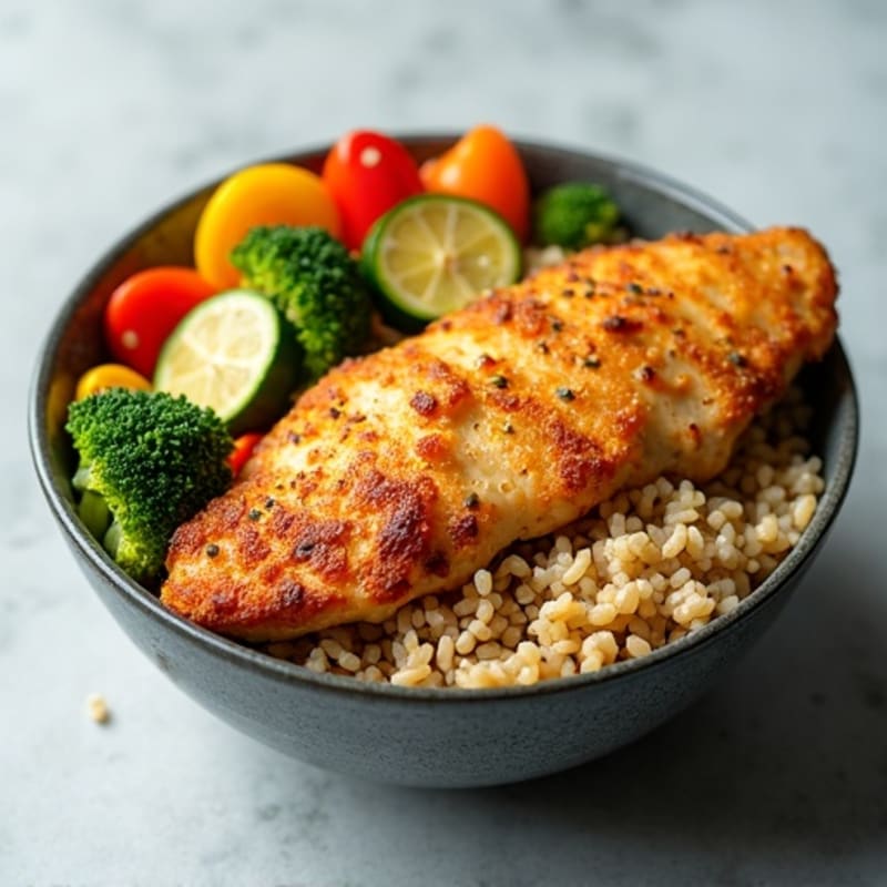 Crispy Lemon Garlic Chicken and Brown Rice Bowl with Roasted Veggies