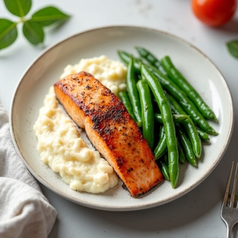 Seared Salmon with Steamed Green Beans and Cauliflower Mash