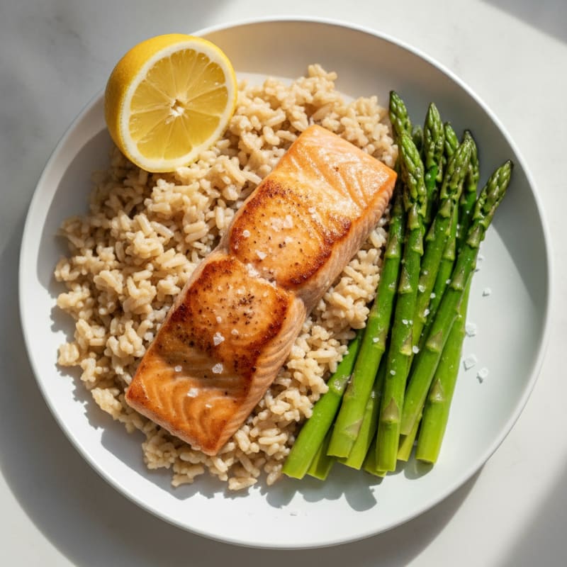 Seared Salmon with Steamed Asparagus and Brown Rice