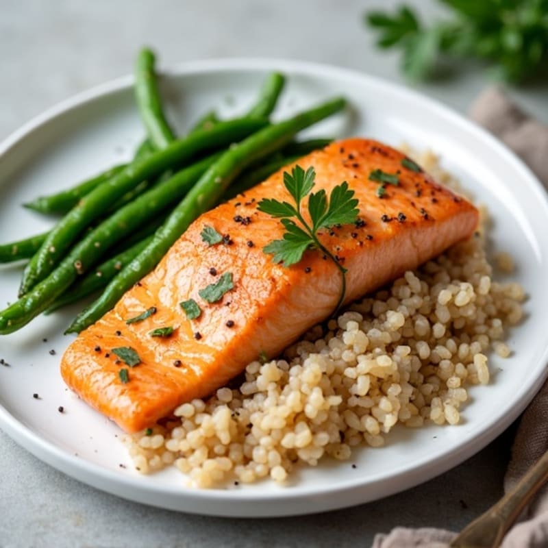 Seared Salmon with Garlic Green Beans and Brown Rice