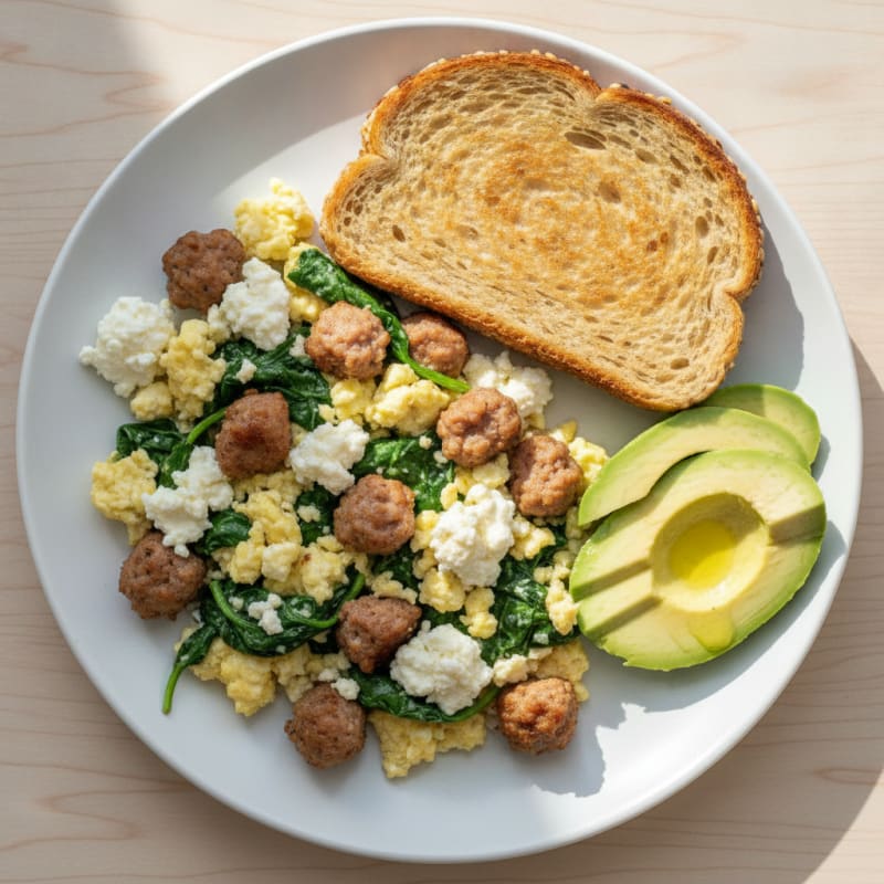 Cottage Cheese Egg Scramble with Turkey Sausage and Spinach