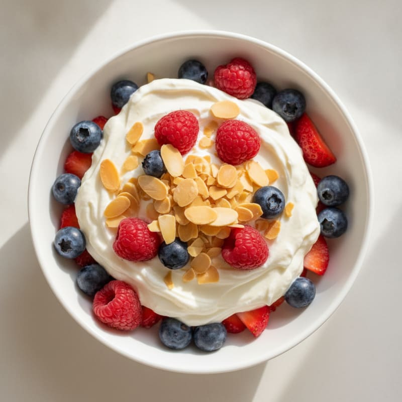 Greek Yogurt Protein Parfait with Mixed Berries and Almond Slivers