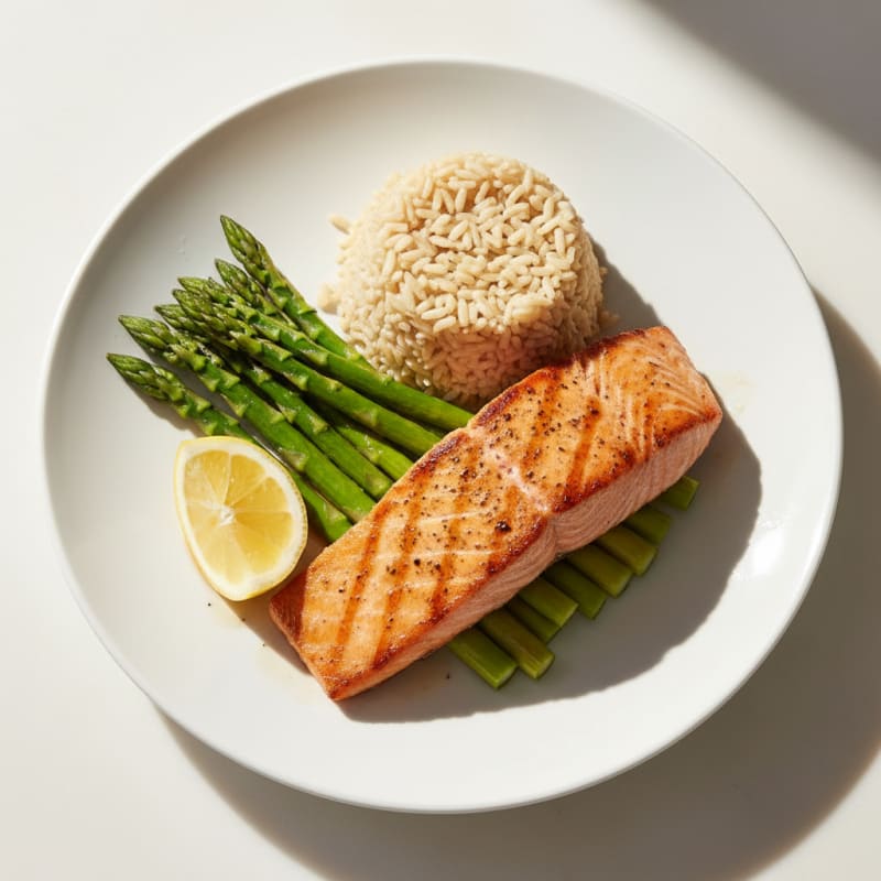 Seared Salmon Fillet with Steamed Asparagus and Brown Rice