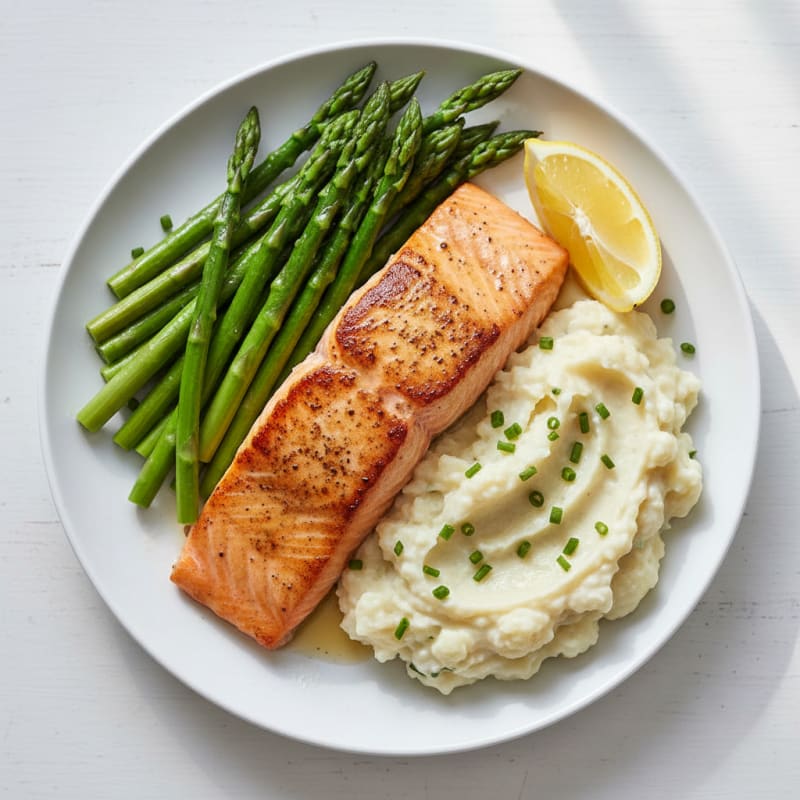 Seared Salmon with Steamed Asparagus and Garlic Mashed Cauliflower
