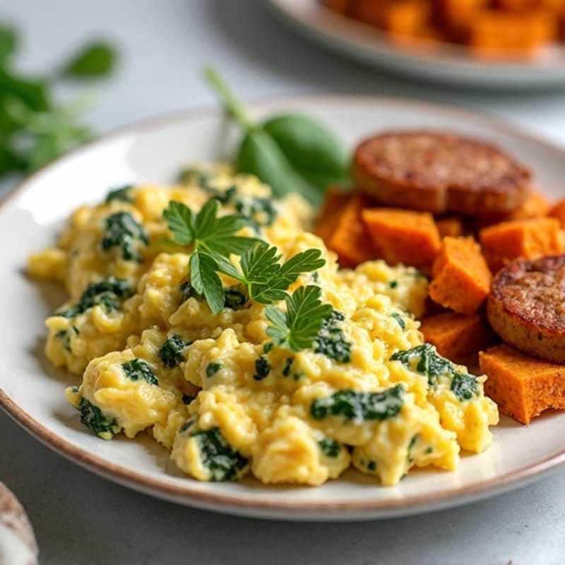 Creamy Scrambled Eggs with Fresh Spinach and Crispy Sweet Potato Hash