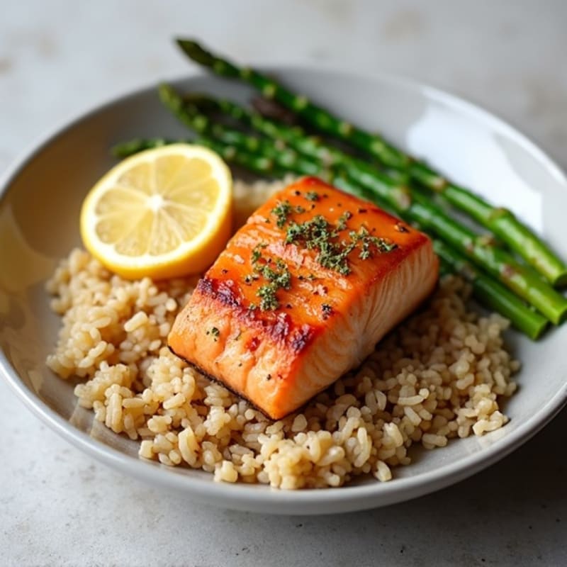 Seared Salmon with Brown Rice and Steamed Asparagus