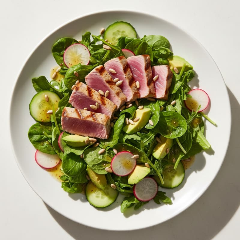 Grilled Tuna Steak Salad with Crunchy Mixed Greens
