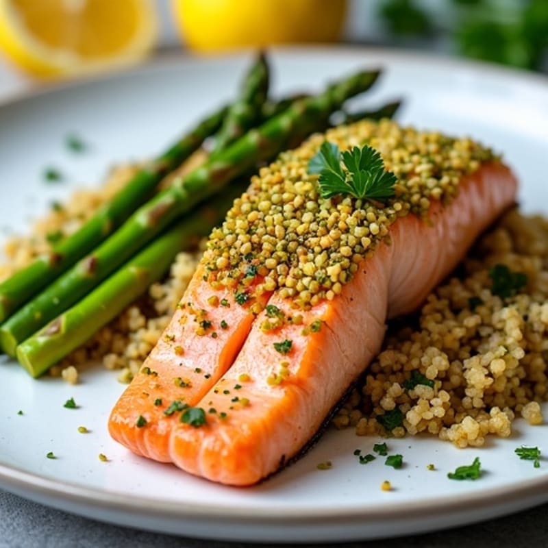 Pistachio-Crusted Salmon with Roasted Asparagus and Lemon-Herb Quinoa