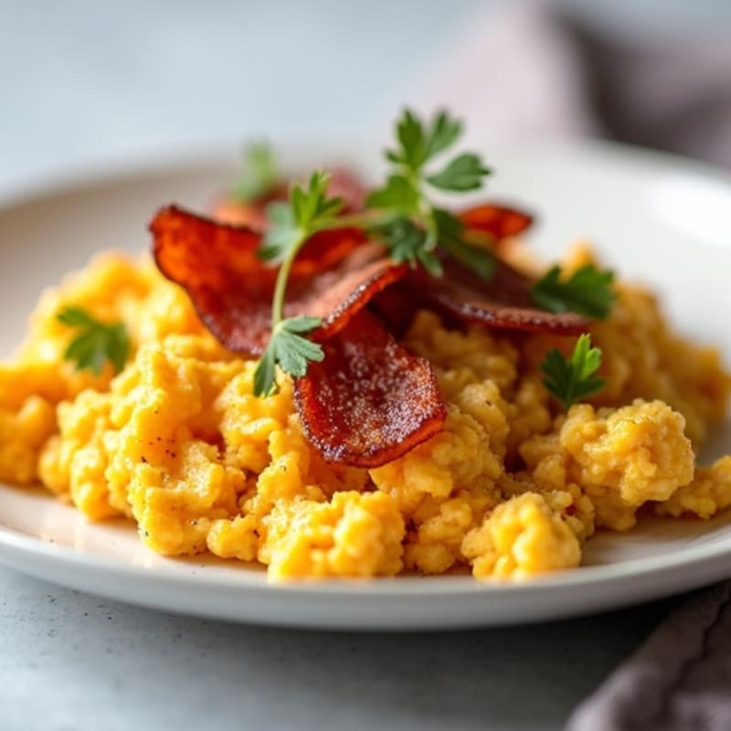 Hearty Egg Scramble with Crispy Turkey Bacon and Roasted Sweet Potatoes