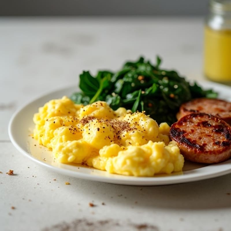 Creamy Scrambled Eggs with Sautéed Spinach and Lean Turkey Sausage