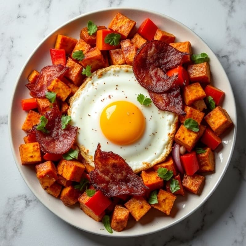 Sheet Pan Roasted Sweet Potato and Egg Hash with Crispy Turkey Bacon