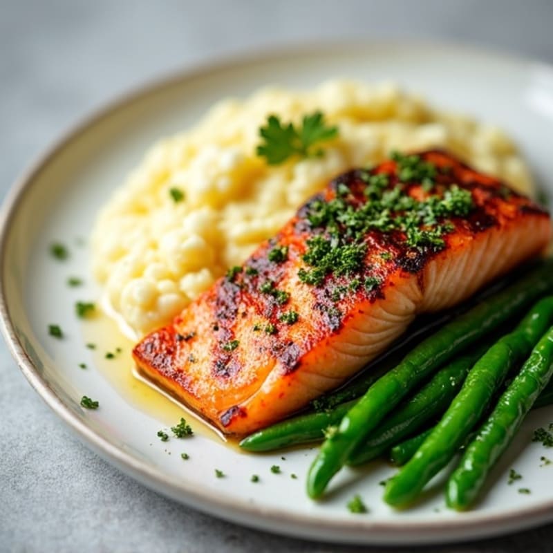 Seared Salmon with Steamed Green Beans and Cauliflower Mash