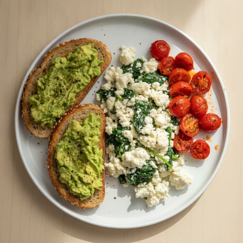 Egg White and Spinach Scramble with Cottage Cheese and Cherry Tomatoes